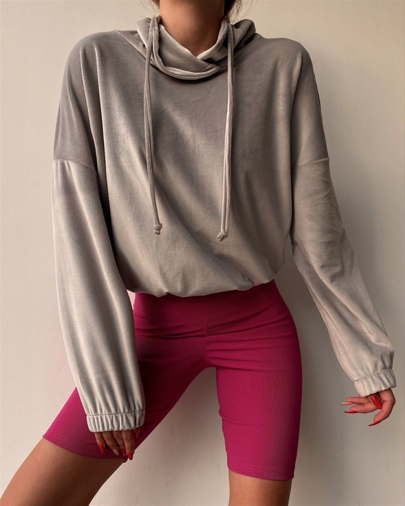 Kruvaze Kapşon Detaylı Kadife Kadın Gri Sweatshirt 22K000219