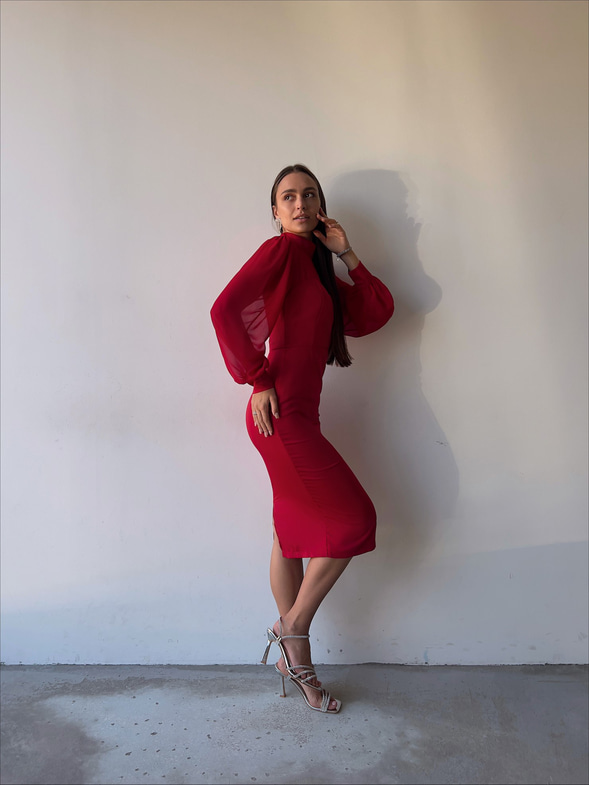 Boğazlı Uzun Tül Kol Agathe Kadın Kırmızı Midi Boy Elbise 23K000156