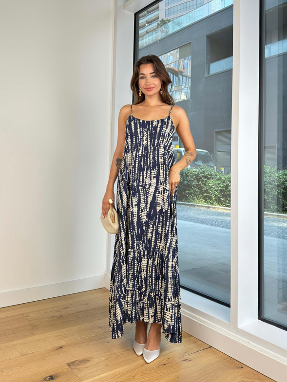 Askılı Desenli BoncukKadın Lacivert Maxi Elbise 24Y799