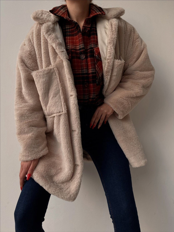 Boyfriend Önde Büyük Cep Detaylı Kadın Taş Renk  Kürk Mont 22K000355