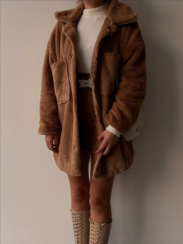 Boyfriend Önde Büyük Cep Detaylı Kadın Kahverengi Renk  Kürk Mont 22K000355