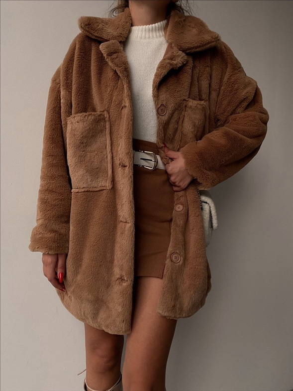 Boyfriend Önde Büyük Cep Detaylı Kadın Kahverengi Renk  Kürk Mont 22K000355