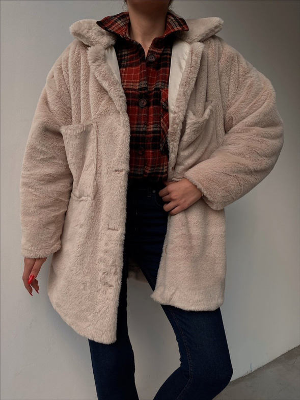 Boyfriend Önde Büyük Cep Detaylı Kadın Taş Renk  Kürk Mont 22K000355