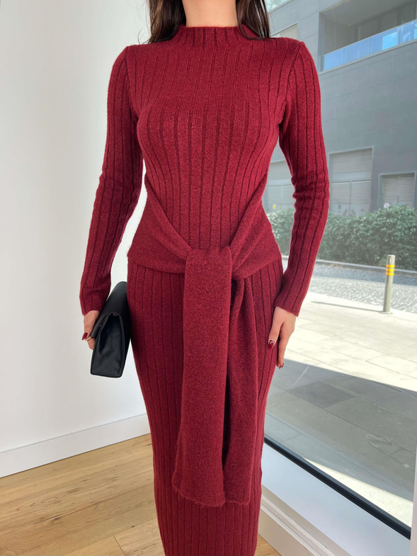 Yarım Balıkçı Yaka Önden Bağlama Detaylı Branko Bordo Kadın Triko Elbise 25K296