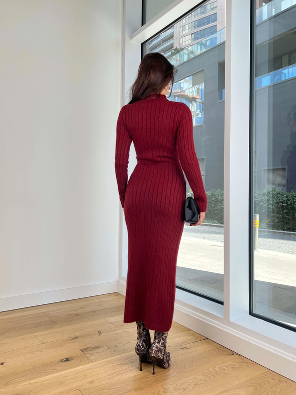 Yarım Balıkçı Yaka Önden Bağlama Detaylı Branko Bordo Kadın Triko Elbise 25K296