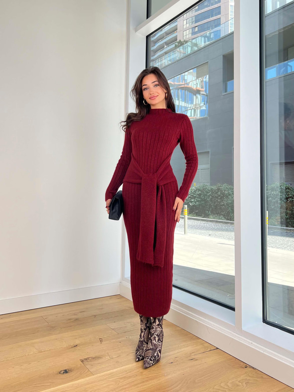 Yarım Balıkçı Yaka Önden Bağlama Detaylı Branko Bordo Kadın Triko Elbise 25K296