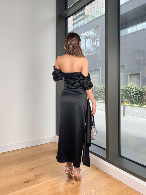 Düşük Kol Drapeli Breyn Siyah Kadın Midi Elbise 25Y144