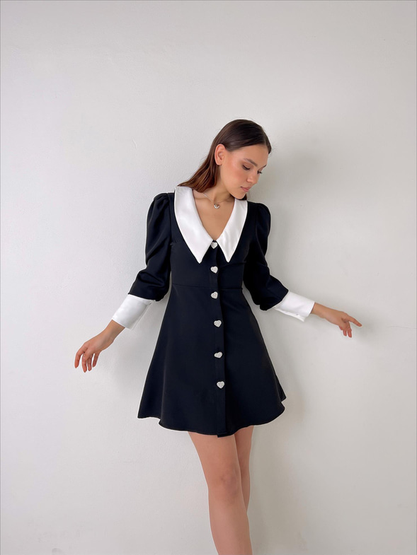 V Yaka Kalp Düğme Kapamalı Eteği Volanlı Buddie Kadın Siyah Mini Elbise 23Y000067