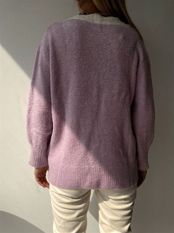 Buklet Düğmeli Oversize Kadın Lila Hırka 22K000047