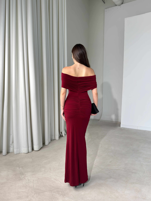 Madonna Yaka Aksesuarlı Maxi Boy Bordo Carina Kadın Elbise 26Y476
