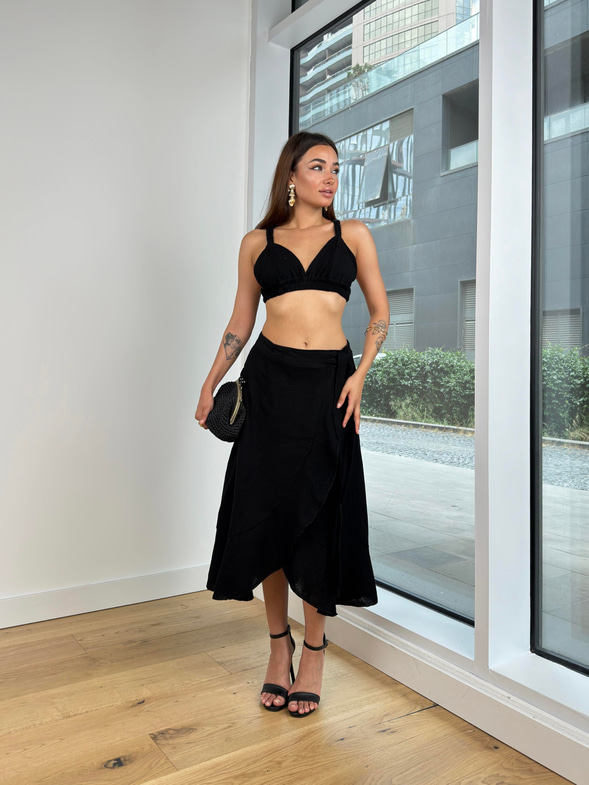 Askılı Bralet Yüksek Bel Kruvaze Midi Etek Carlotta Kadın Siyah Takım 24Y754