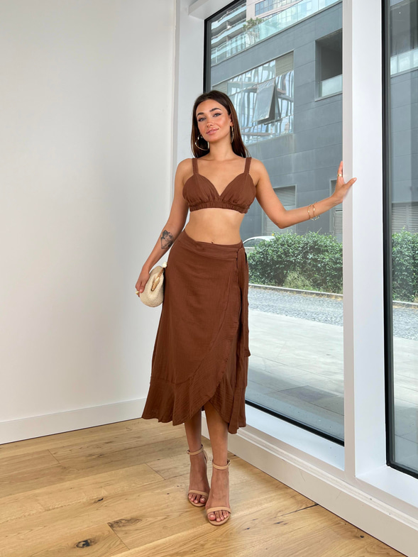 Askılı Bralet Yüksek Bel Kruvaze Midi Etek Carlotta Kadın Kahve Takım 24Y754