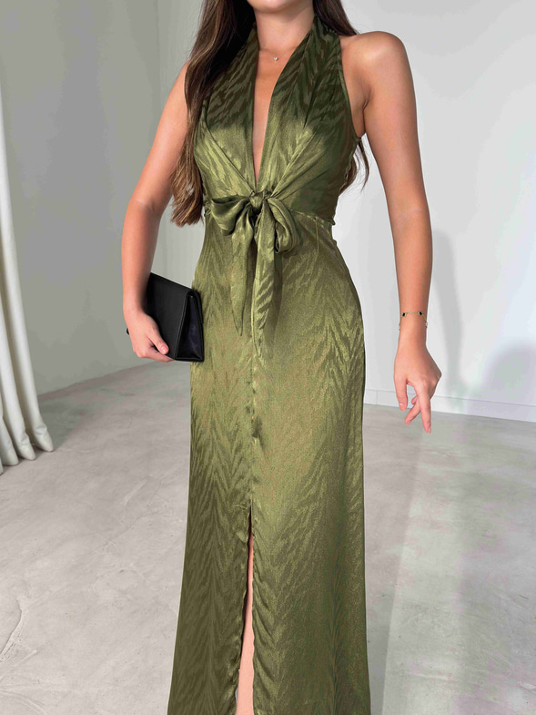 Önü Bağlamalı Yırtmaç Detaylı Maxi Boy Olive Cassie Kadın Elbise 26Y482
