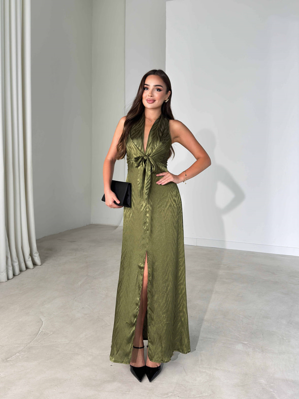 Önü Bağlamalı Yırtmaç Detaylı Maxi Boy Olive Cassie Kadın Elbise 26Y482