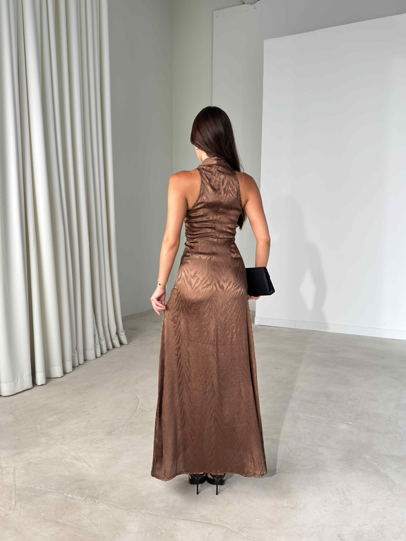 Önü Bağlamalı Yırtmaç Detaylı Maxi Boy Kahverengi Cassie Kadın Elbise 26Y482