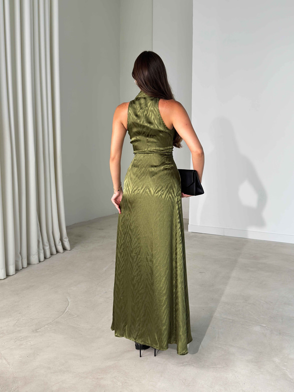 Önü Bağlamalı Yırtmaç Detaylı Maxi Boy Olive Cassie Kadın Elbise 26Y482
