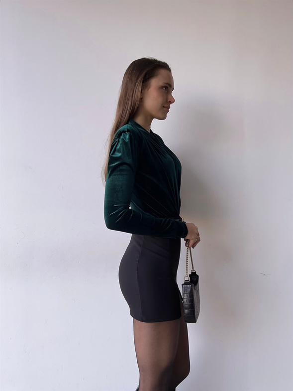 Kruvaze Yaka Kadife Uzun Kollu Cems Kadın Yeşil Bodysuit 23K000353