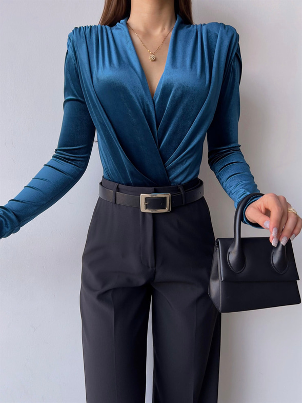 Kruvaze Yaka Kadife Uzun Kollu Cems Kadın Mavi Bodysuit 23K000353