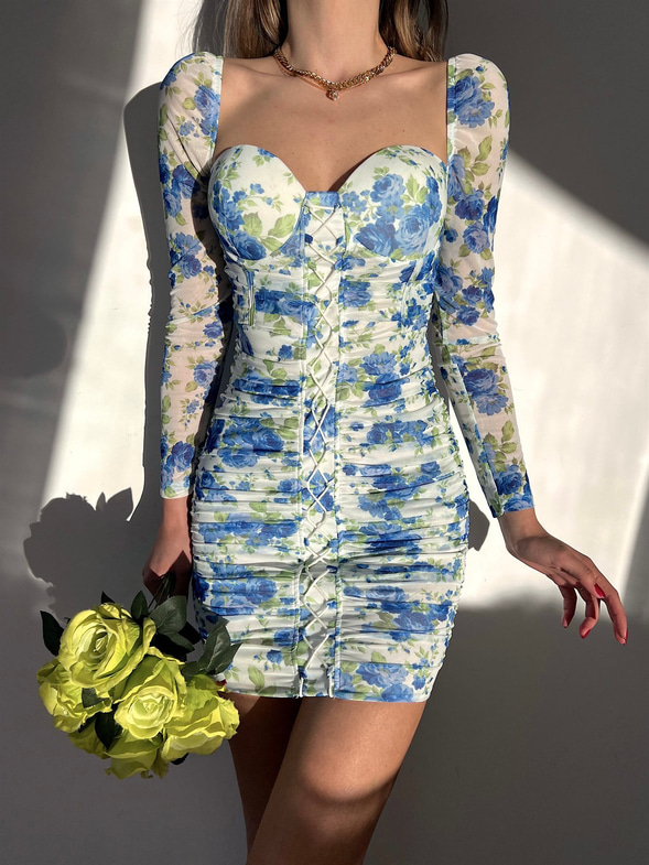Çiçekli Mini Boy Önden Çapraz Şerit Detay Drapeli Darion Kadın Mavi Elbise 22Y000258