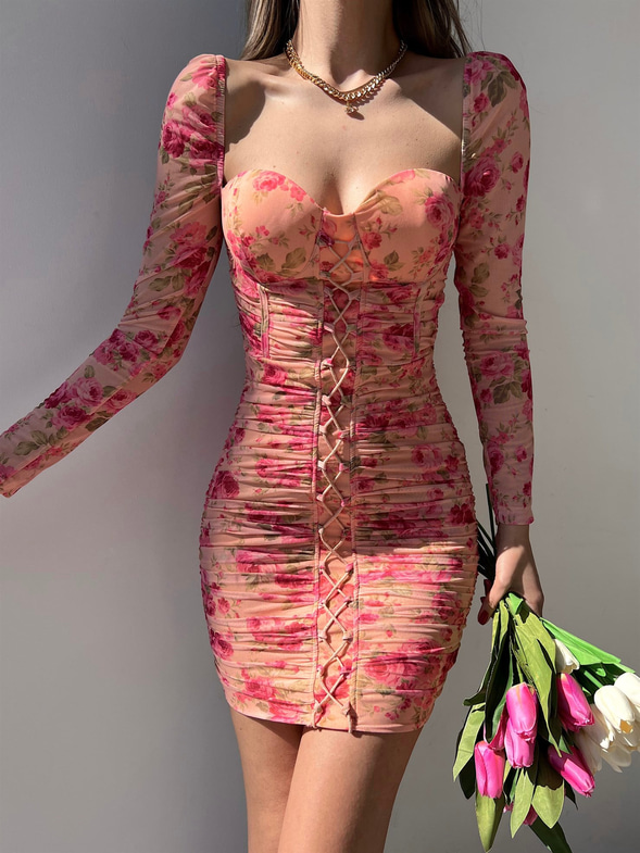 Çiçekli Mini Boy Önden Çapraz Şerit Detay Drapeli Darion Kadın Pudra Elbise 22Y000258
