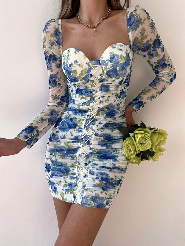 Çiçekli Mini Boy Önden Çapraz Şerit Detay Drapeli Darion Kadın Mavi Elbise 22Y000258