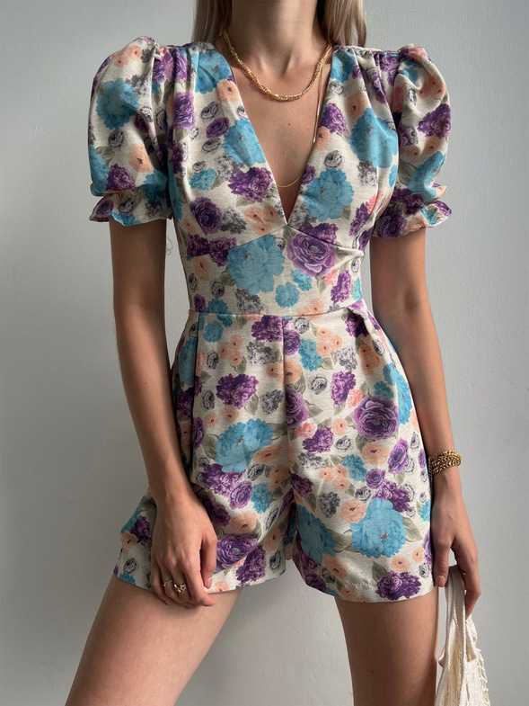 Çiçekli V Yaka Pileli Junior Kadın Mavi Şort Tulum 22Y000390