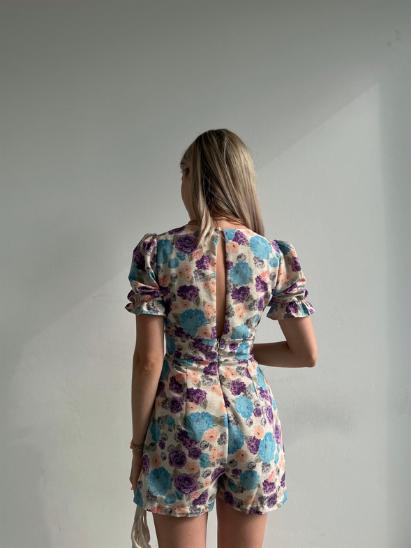 Çiçekli V Yaka Pileli Junior Kadın Mavi Şort Tulum 22Y000390