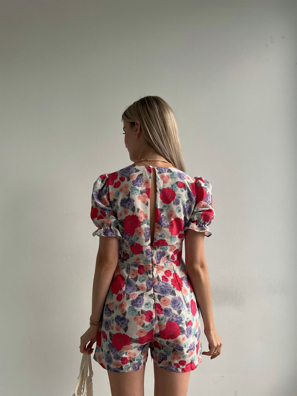 Çiçekli V Yaka Pileli Junior Kadın Pembe Şort Tulum 22Y000390