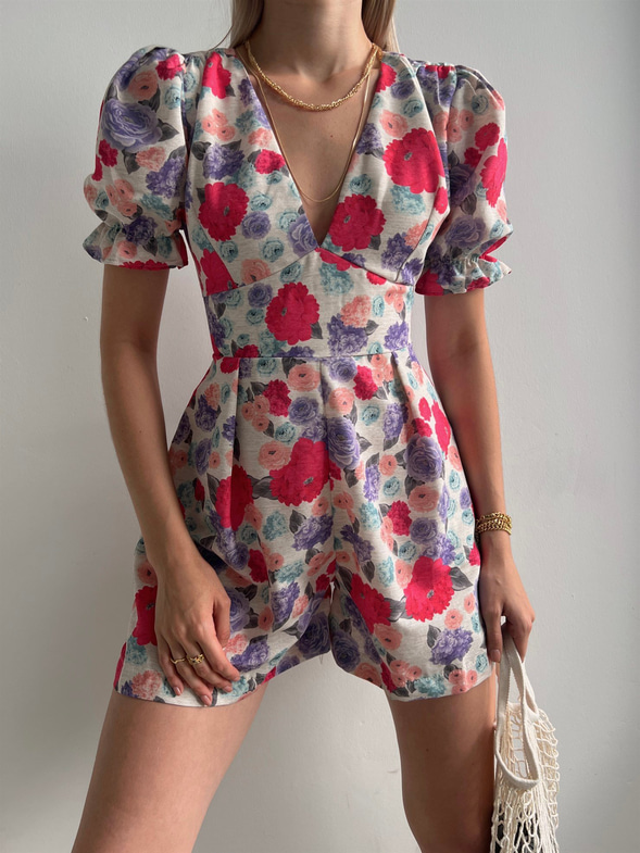 Çiçekli V Yaka Pileli Junior Kadın Pembe Şort Tulum 22Y000390