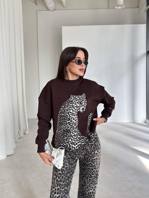 Desenli Bisiklet Yaka Connel Kahve Kadın Sweat 26K215