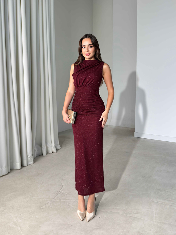Drape Detaylı Simli Maxi Boy Bordo Corento Kadın Elbise 26Y507
