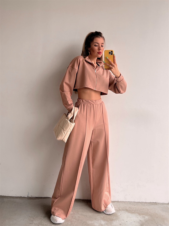 Crop Sweat Lastikli Bol Paça Alt Kadın Bej Eşofman Takım 21Y000077