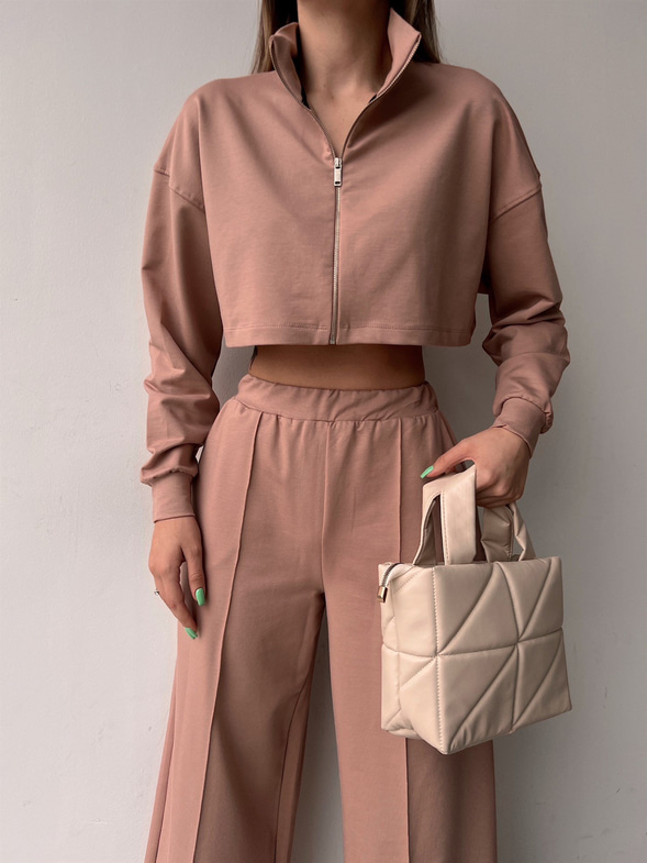 Crop Sweat Lastikli Bol Paça Alt Kadın Bej Eşofman Takım 21Y000077