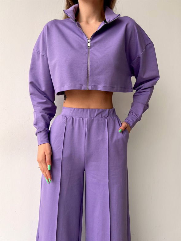 Crop Sweat Lastikli Bol Paça Alt Kadın Lila Eşofman Takım 21Y000077