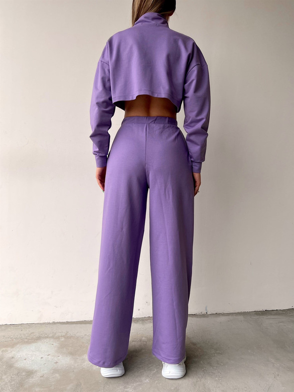Crop Sweat Lastikli Bol Paça Alt Kadın Lila Eşofman Takım 21Y000077