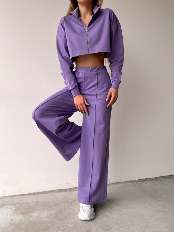 Crop Sweat Lastikli Bol Paça Alt Kadın Lila Eşofman Takım 21Y000077