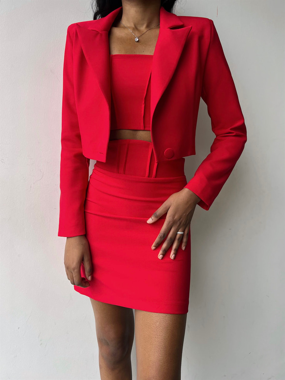 Alt Yüksek Bel Üst Tek Düğme Kapamalı Cybill Kadın Kırmızı Üçlü Takım 23K000311