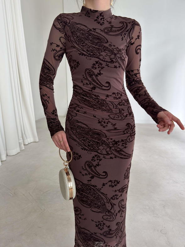 Desenli Kolları Tül Drape Detaylı Dalmire Kahve Kadın Elbise 26K351