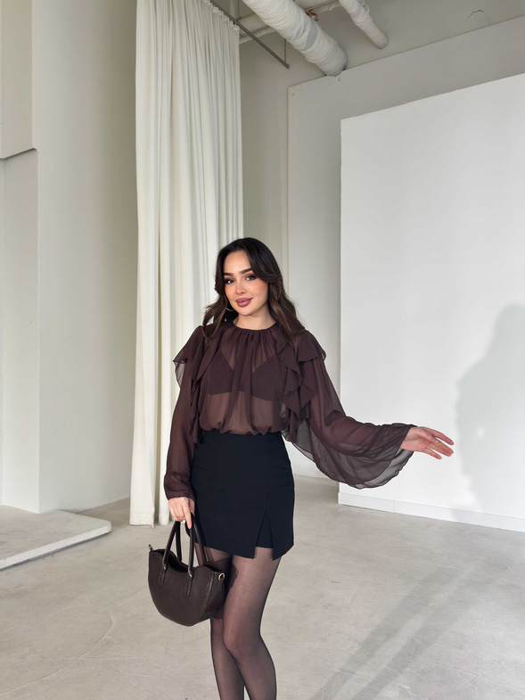 Fırfır Detaylı Transparan Kahverengi Daphne Kadın Bluz 26Y179