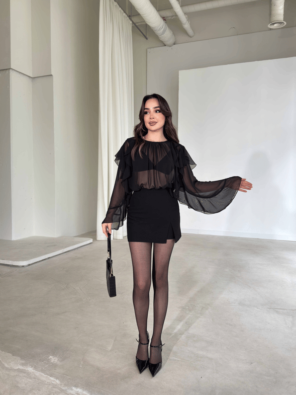 Fırfır Detaylı Transparan Siyah Daphne Kadın Bluz 26Y179