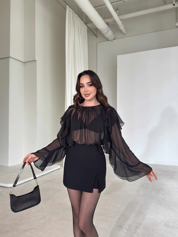 Fırfır Detaylı Transparan Siyah Daphne Kadın Bluz 26Y179