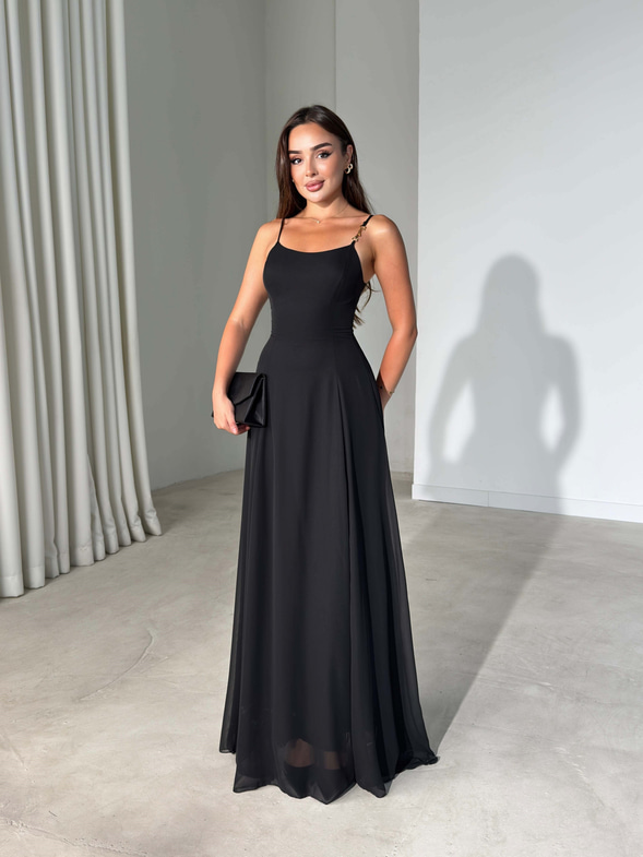 İnce Askılı Aksesuar Detaylı Maxi Boy Siyah Darel Kadın Elbise 26Y486