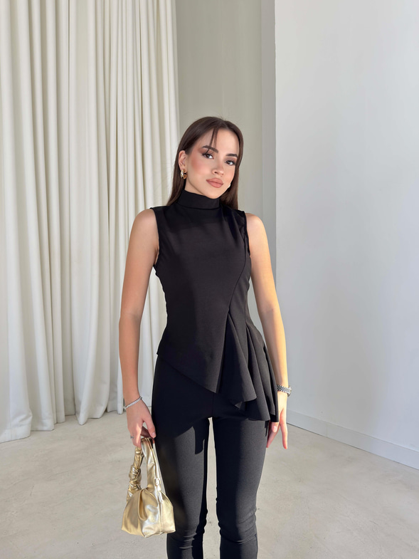 Asimetrik Kesim İspanyol Fırfırlı Paça Delrine Siyah Kadın İkili Takım 26K288