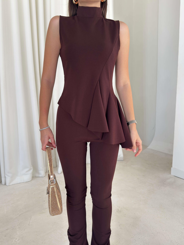 Asimetrik Kesim İspanyol Fırfırlı Paça Delrine Kahve Kadın İkili Takım 26K288