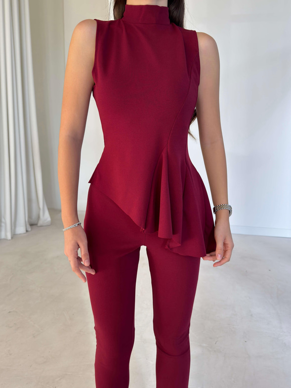 Asimetrik Kesim İspanyol Fırfırlı Paça Delrine Bordo Kadın İkili Takım 26K288