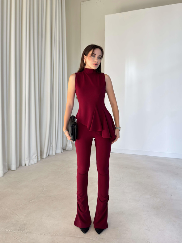Asimetrik Kesim İspanyol Fırfırlı Paça Delrine Bordo Kadın İkili Takım 26K288