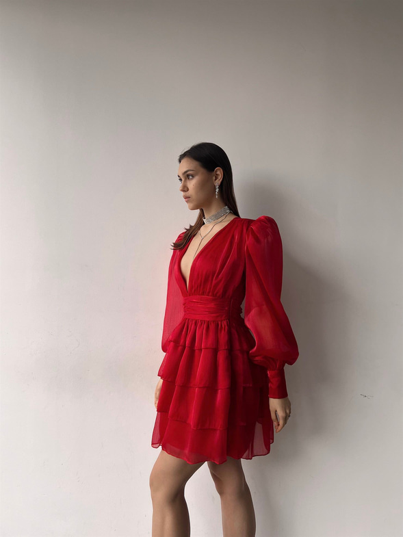 Derin V Yaka Belden Oturtmalı Tül Kol Crown Kadın Kırmızı Fırfırlı Elbise 23K000314