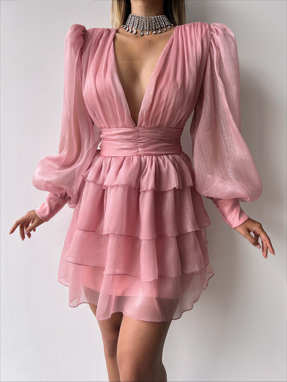 Derin V Yaka Belden Oturtmalı Tül Kol Crown Kadın Pudra Fırfırlı Elbise 23K000314