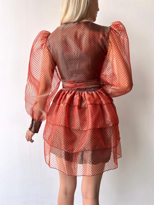 Derin V yaka Uzun Balon Kol Puantiyeli Galena Kadın Kırmızı Tül Elbise 23K000079