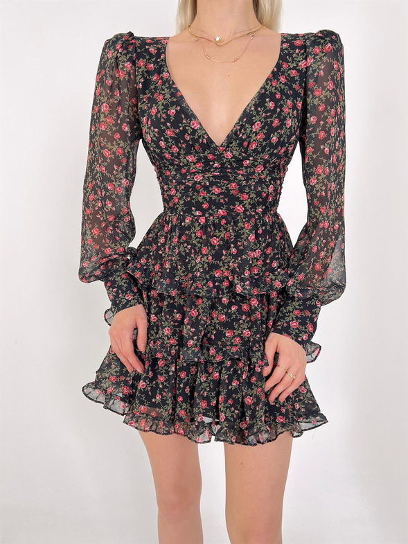 Derin V Yaka Uzun Tül Kol Sırt Dekolteli Cassie Kadın Siyah Çiçekli Mini Elbise 23Y000088